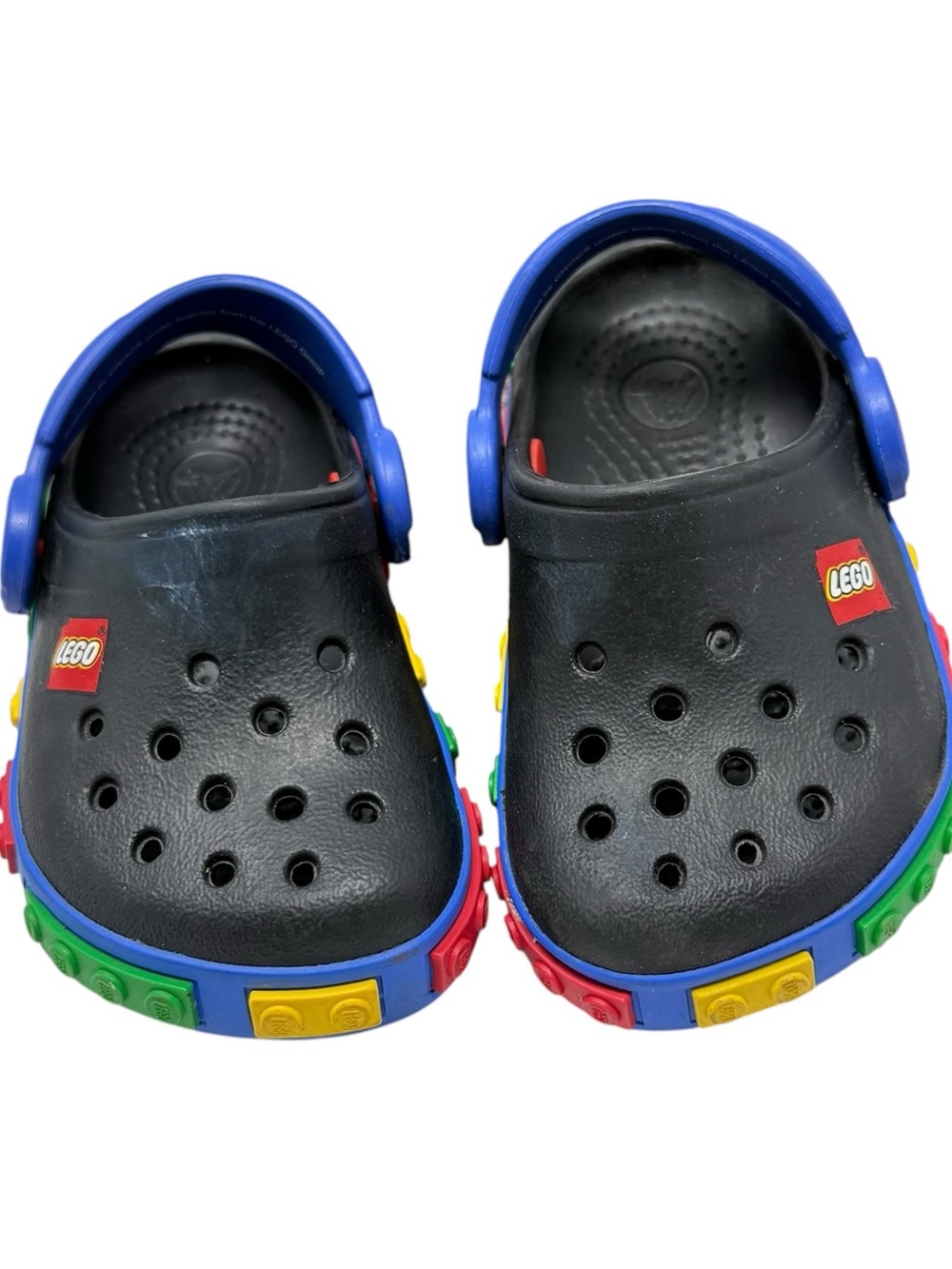 CROCS Kids Black Clog Sandals with Blue Straps and Multicolor Brick Accents